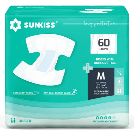 SUNKISS TrustPlus Adult Diapers with Maximum Absorbency, Disposable Incontinence Briefs with Tabs for Men and Women, Maximum Overnight Absorbency, Medium, Previously S/M, 60 Count (4 Packs of 15)