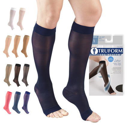 Truform Sheer Compression Stockings, 15-20 mmHg, Women's Knee High Length, Open Toe, 20 Denier, Navy, 2X-Large
