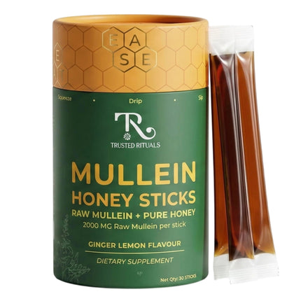 Trusted Rituals Mullein Honey Sticks - 2000mg Mullein per Stick – Aids Lung Detox & Respiratory Health Support – Mullein Leaf Extract Supplement with Raw Honey – Ginger Lemon Flavor – Supports Throat Soothing & Seasonal Comfort – For Smokers and Seasonal
