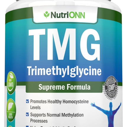 TMG Trimethylglycine Supplement - 1000mg - 180 Capsules - Premium Pure Betaine Anhydrous - Supports Normal Homocysteine & Blood Pressure Levels - Promotes Methylation Processes - Non-GMO Formula