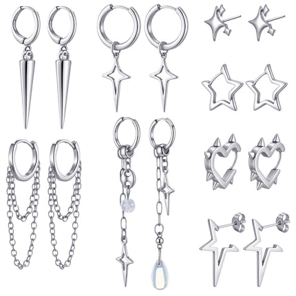 Quelay 8 Pairs Dangle Hoop Earrings for Men Women Punk Y2k Goth Gothic Tassel Chain Drop Star Moon Stud Huggie Earrings Gift(Star Style,Silver)