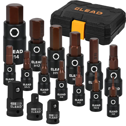16-Piece Metric Hex Bit Socket Set - Premium S2 Steel 2mm-14mm Allen Socket Set with Socket Adapters, 1/4”, 3/8” and 1/2” Drive | Professional Mechanic Garage Tools