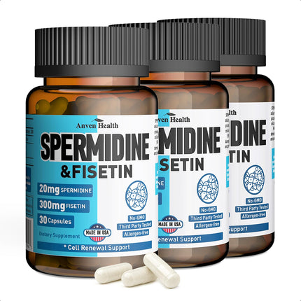 Spermidine & Fisetin Supplement - 20mg of 99% Spermidine Per Serving, 3HCL & 300mg Fisetin for Women Men Cell Renewal, Aging Defense & Longevity, Gluten Free, Non-GMO, Made in USA | 90 Veggie Caps