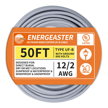 12/2 UF-B Wire 50 FT Pure Copper Direct Burial Cable, Sunlight & Moisture Resistant, Ideal for Outdoor Lighting & Pump Installations & Residential Indoor Electrical Projects