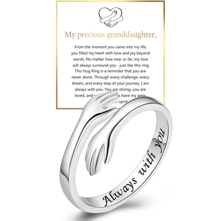Yuanyora S925 Sterling Silver Hug Ring for Granddaughter Adjustable Ring for Women Christmas Birthday Gifts for Daughters Tarnish Free Jewelry Gift for Her Hope Rings for Granddaughter
