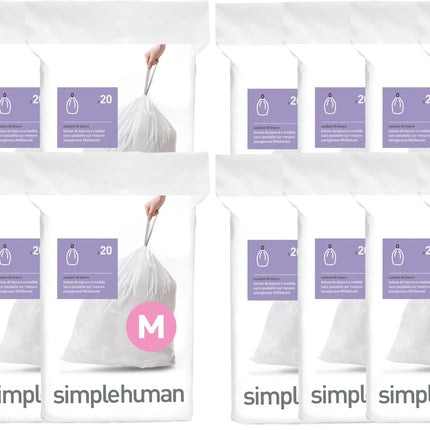 simplehuman Code M, Dispenser Pack Custom Fit Liners, Drawstring Trash Bags, 45 Liter / 11.9 Gallon, White, 200 Count (Pack of 2)