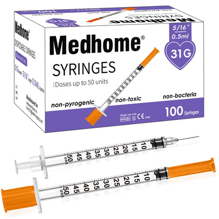 Medhome 0.5ml 31G 5/16inch Syringe, Individually Wrapped, Pack of 100