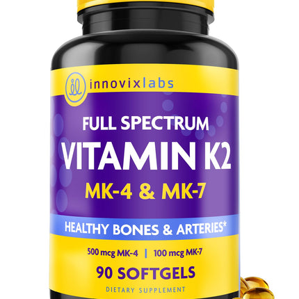 InnovixLabs Full Spectrum Vitamin K2-90 Softgels with 600 mcg of Trans Form MK7 and MK4 - Supports General Health and Bone Strength - Soy and Gluten Free K2 Vitamin Supplement