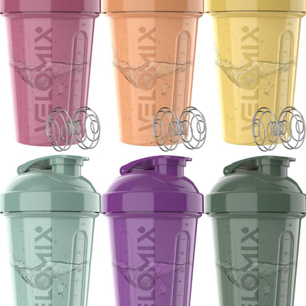 VELOMIX -6 PACK- 20 oz Protein Shaker Bottle for Protein Mixes - 6x Wire Whisk | Leak Proof Shaker Cups for Protein Shakes | Stackable Protein Shaker Bottle Pack | Dishwasher Safe (Nature Tones)