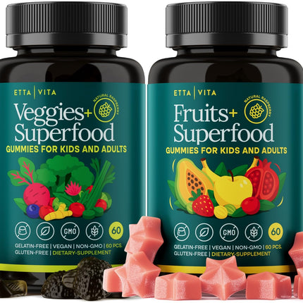 (120 Chews) Fruits and Veggies Supplement - Super Greens Gummies (9 Superfruits & 30 Veggies) Mushrooms, Fruit and Vegetable Vitamins, Non-GMO, Pectin-Based, Gluten-Free, No Capsules