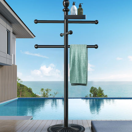 Pool Towel Rack Outdoor, 6 Bars with Top Tray Metal Heavy Duty Never Tilt Pool Accessories with Heavy Metal Base, Hot Tub Accessories Towel Dying Rack Towel Stand for Pool, Hot Tub etc