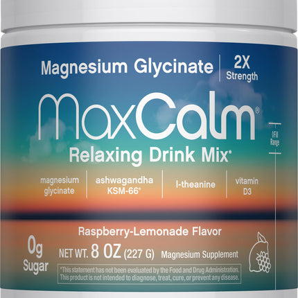 Max Calm Relaxing Drink Mix | Raspberry-Lemonade Flavor | Magnesium Glycinate, KSM-66 Ashwagandha, L-Theanine & Vitamin D3 | MaxCalm | Gluten-Free, Vegan | 8 Ounce Powder