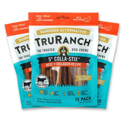 TRURANCH Collagen Sticks - 5" Collagen Sticks for Dogs - Long Lasting Healthy Joint Support - Rawhide Alternative - Skin & Coat Health - Made with Real Beef, Value Pack, 3 Bags, 45 Count