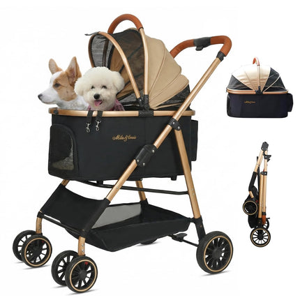 MILA&LOUIS Dog Stroller, 24" Pet Cradle, Lightweight & Stylish Pet Stroller for Small and Medium Pets, 33 Lbs Capacity with Cup Holder, Hook, Detachable Aluminum Cradle (Khaki)