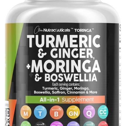 Clean Nutraceuticals Turmeric Moringa Supplement | Ginger Boswellia Saffron - Supplement for Women and Men with Ceylon Cinnamon, Tart Cherry, Quercetin Garlic Nettle Holy Basil - 1Pack