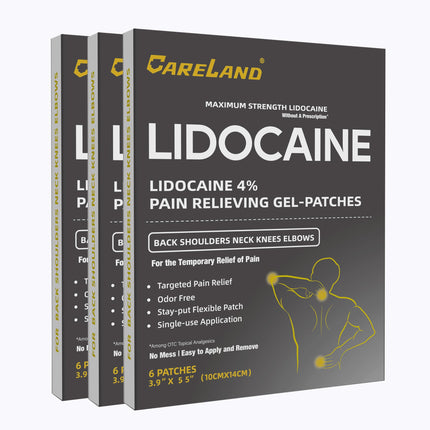 CARELAND Lidocaine Gel Patch, 18 Count Maximum Strength Pain Patches for Muscle Relief in Neck Knee Back and Shoulders Unscented Numbing Patch for Soothing Nerves, Joints