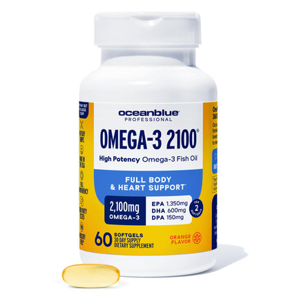 Oceanblue Professional Omega-3 2100 - Triple Strength DPA EPA DHA Omega 3 Supplement - High Potency Burpless Wild Caught Fish Oil - Orange Flavor, 60 Softgels (30 Servings)