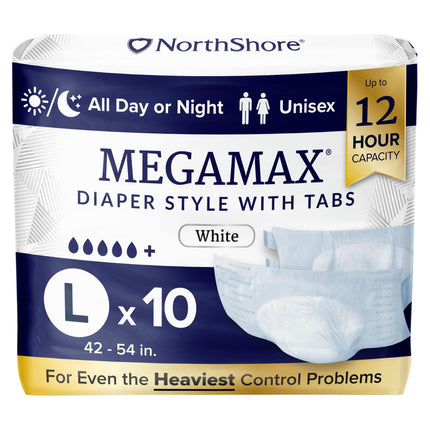 NorthShore MegaMax 12-Hour HBL Adult Diapers for Heavy Bladder Leaks, Large, 10 Count, White, 42-54 inches, Tab-Style Incontinence Underwear for Men, Women & Teens