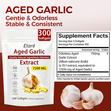 ELARE Aged Garlic Extract Capsules, Odorless Garlic 15:1 Extract Formula - 600 Count, Garlic Supplement, 2-Year Matured - for Heart & Immune Support, Non-GMO, Gluten-Free