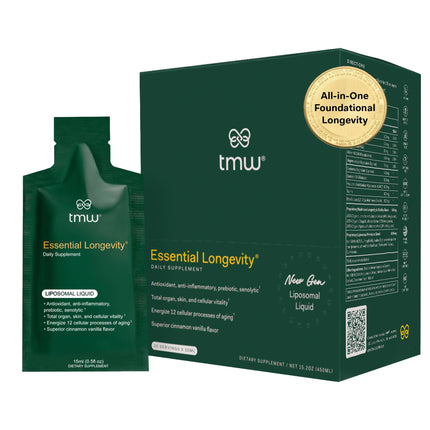 Essential Longevity® — 100% Liposomal 15-in-One Stack. NAD+ Precursor Nicotinamide, Quercetin, C, D3, B12, Magnesium Glycinate, Lions Mane, Chaga, Agaricus, Taurine, Sodium Hyaluronate. — 30 Sachets.