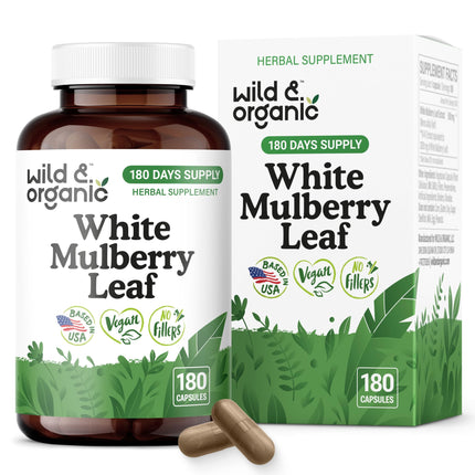Wild & Organic White Mulberry Leaf Extract Capsules 500 mg - Antioxidant & Overall Support - Pure Mulberry Powder Supplement - Morus Alba Leaf - Vegan, No Fillers, Non-GMO - 180 Count