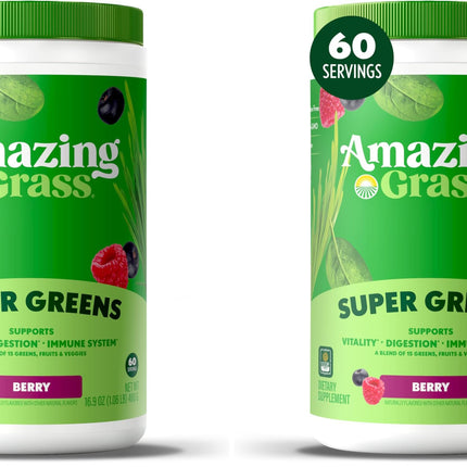 Amazing Grass Greens Blend Superfood: Super Greens Powder Smoothie Mix with Spirulina,Chlorella,Beet Root Powder,Digestive Enzymes & Probiotics,Berry,60 Servings (Packaging May Vary),(Pack of 2)