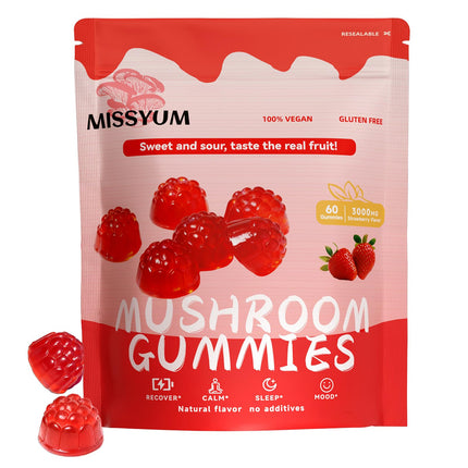 MISSYUM Mushroom Gummies, 10-in-1 Adaptogenic Blend, Vegan Strawberry Flavor, 60 Count, Lion's Mane, Reishi, Chaga, Shiitake