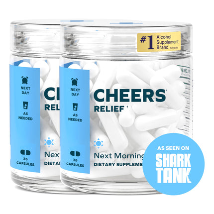 Cheers Relief | Next Morning Aid with Ginger + White Willow Bark | Feel Better After Drinking | 24 Doses | Ginger, White Willow Bark, L-Theanine, Caffeine