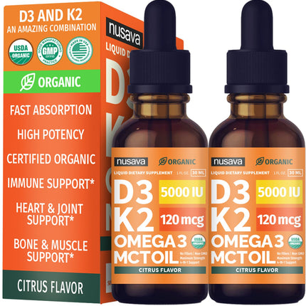 (2 Pack) Organic Vitamin D3 K2 Drops with MCT Oil & Omega 3 - Liquid Vitamin D3 5000 IU - K2 D3 Vitamin Supplement - Vitamin D Drops for Women & Men - No Fillers, Non-GMO, GMP, Citrus Flavor (2 Fl Oz)
