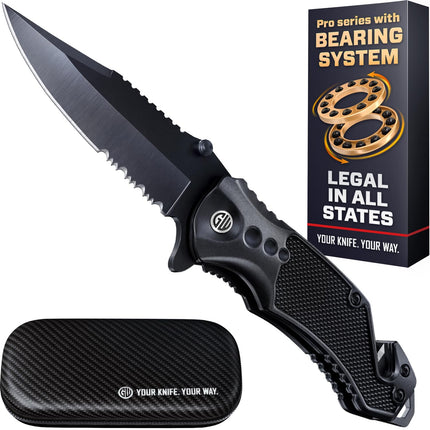 Legal Pocket Knife with Ball Bearing & Case - 5 in 1 Knife - 2.95” Serrated Blade, Glass Breaker, Seat Belt Cutter - EDC Folding Knives with Portable Clip - Tool for Tactical Camping Survival 6680 U