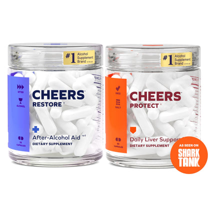 Cheers Liver Combo | Restore + Protect | Support Your Liver & Feel Better After Drinking | DHM, L-Cysteine, Milk Thistle, Prickly Pear, B-Vitamins | 12 Doses Restore, 30 Doses Protect | Supplements