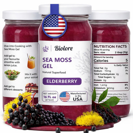 Biolore Elderberry Sea Moss Gel 16oz Wildcrafted Seamoss, No Added Sugar, Vegan, Made in USA Superfood Spread, 1 Month Supply