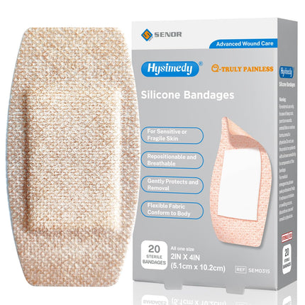 Hysimedy Silicone Bandages for Sensitive Fragile Skin 2"x4" 20 Count Flexible Fabric Latex Free Hypoallergenic Breathable Large Bandages for Wounds Easy Painless Removal for Geriatric and Children