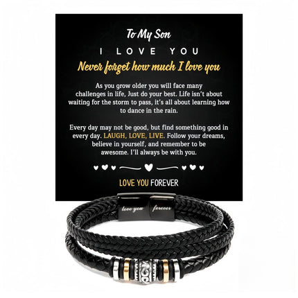 Men's Black Braided Leather Bracelet, Engraved "Love You Forever" 8.3in