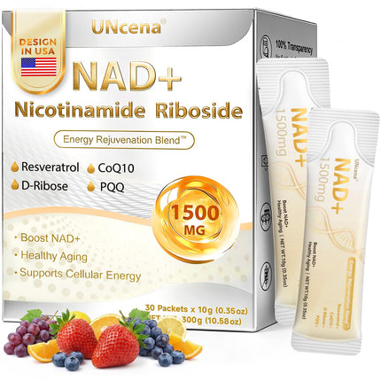 UNcena NAD+ Liquid Supplement 1500mg - NAD Nicotinamide Riboside & Resveratrol with PQQ CoQ10, NAD Plus Help Support Absorption - Boosts Cellular Energy, Overall Vitality for Women & Men (30 Packets)