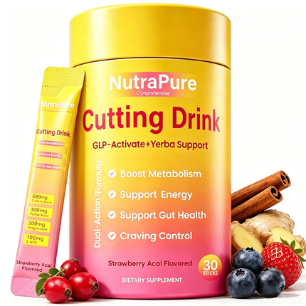 NutraPure Comprehensive GLP-1 Cutting Drink Mix | Berberine, Cinnamon, Yerba Mate, 5-HTP & FOS | Supports Satiety, Energy & Gut Health | Strawberry Açaí Flavor | Vegan, Sugar-Free - 30 Sticks (1 Box)