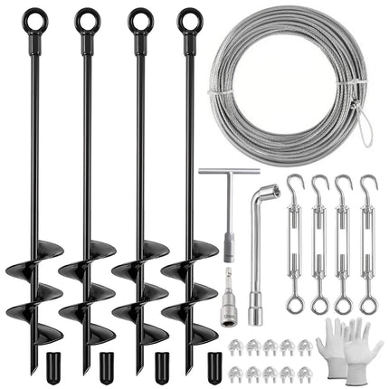 Fabulas 4 Pack 18" Ground Anchors Shed Anchor Kit with 50ft Galvanized Cable & 4 Pack Turnbuckles, Heavy Duty Ground Anchor Screw in Spiral Auger Earth Stakes for Shed Trampoline Swing Set Mobile Home