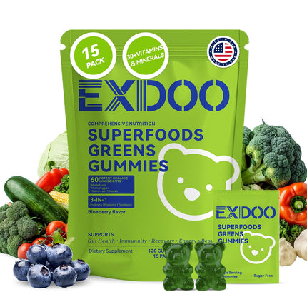 exdoo Super Greens Fiber Gummies Multivitamin Superfood Gummy with Spirulina Chlorella Prebiotic Probiotic Postbiotic for Digestive Health Supplement 15 Packs 120 Gummies