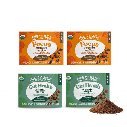 Four Sigmatic Mushroom Coffee Mix Pack of 4 - Lion's Mane and Chaga & Cordyceps and Chaga - 10 Packets Per Box