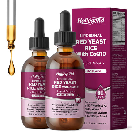 HOLLEGEND Liposomal Red Yeast Rice with CoQ10 Liquid Drops, Organic Red Rice Yeast Extract with Citrus Bergamot,Omega-3,Magnesium Glycinate, Vitamin D3 K2,Vegan,Natural Blueberry Flavor, 4 FL OZ