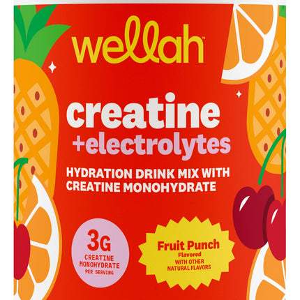 Wellah Creatine + Electrolytes Powder (Fruit Punch) 30 Servings - Hydration Drink Mix with 3g of Creatine Monohydrate