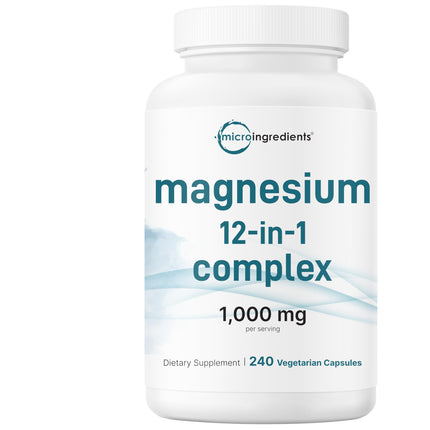 Micro Ingredients 12‑in‑1 Magnesium Complex 1000 mg, 240 Capsules – Magnesium Glycinate, Citrate, Taurate, Malate & More – High Absorption Formula for Men & Women – Chelated & Purified
