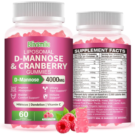 Blivsmlie Liposomal D-Mannose Gummies 4000mg Complex Cranberry 1500mg & Hibiscus,High-Potency Formula for Women Urinary Tract & Immune Support,Liver, Bladder Flush Cleanse Wellness Supplement