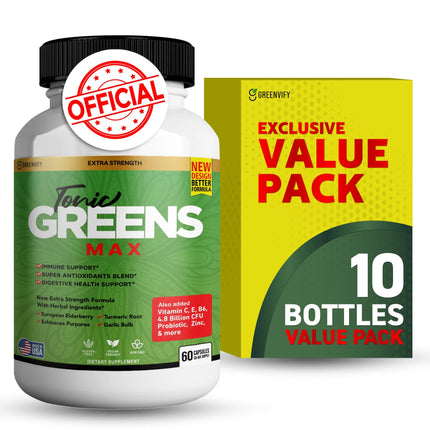 Tonic Greens Max, Extra Strength Immune Support Supplement, 60 Capsules, with Elderberry, Turmeric, Probiotics (10)