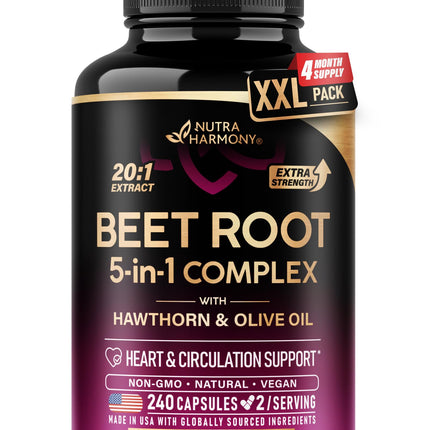 Beet Root 5-in-1 Complex Capsules - Healthy Blood Pressure Support Supplement** for Heart & Circulation Support - with Hawthorn Berry, Hibiscus & Garlic - for Men & Women - Made in USA, 240 Capsules