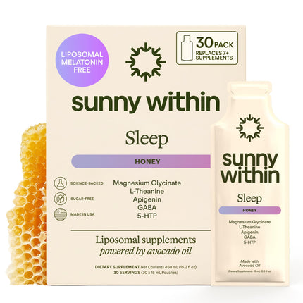 Sunny Within Sleep - Melatonin-Free Formula with Magnesium Glycinate, GABA, L-Theanine, 5-HTP, Apigenin & Avocado Oil - Relaxation & Healthy Sleep-Wake Cycles* - 30 Daily Pouches