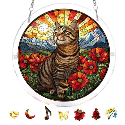 zhuoyaju Acrylic Puzzle Suncatcher, Cat & Flower Stained Glass Window Hanging, Sun Catcher Puzzle Kit Home Garden Decor, Creative Mothers Day and Birthdays Gifts for Mom, Wife, Sisters, 7.87 inch