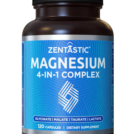 Zentastic Magnesium Complex 4-in-1 Supplement – Magnesium Glycinate, Malate, Taurate & Lactate – Chelated High Absorption for Nerves, Muscles, Bones & Immune Support – 120 Capsules