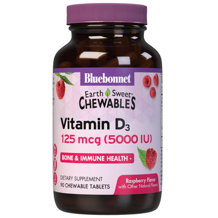 Bluebonnet Nutrition Earth Sweet Vitamin D3 5000 IU Chewable Tablets, Aids in Muscle & Skeletal Growth, Non GMO, Gluten & Soy & Milk Free, Kosher, Raspberry, White, 90 Count
