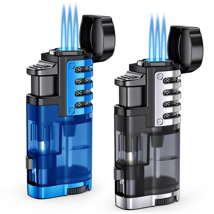 Torch Lighter Butane Refillable Triple Jet Flame Torch Lighters, Windproof Adjustable Flame Butane Torch Lighter with Punch 2 Pack (Without Fuel) (Blue)